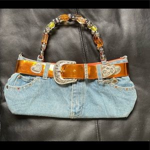 Cute Denim and orange handbag. Jeweled handle.
